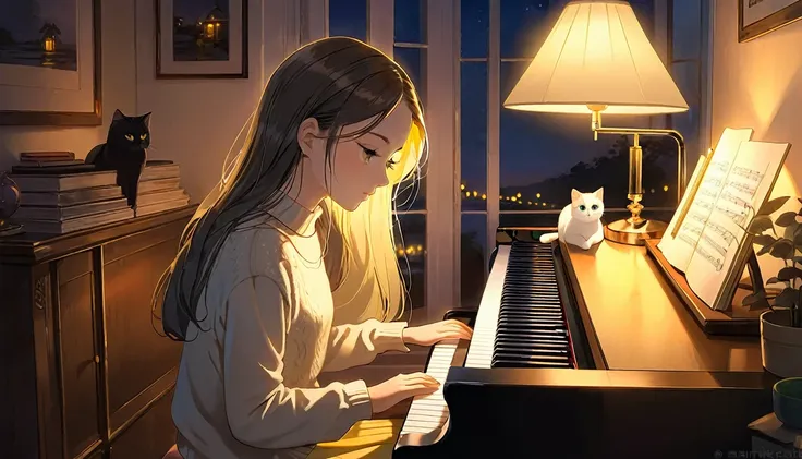 a dusk,
a girl sits in a cozy corner, draw a piano.
the soft yellow light of a desk lamp illuminates her thoughtful expression, ...