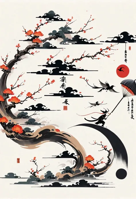 Bada Shanren style,Chinese Ink Painting，Simple style，is capitalized，Very simple pictures，Falling Flowers，Umbrella，