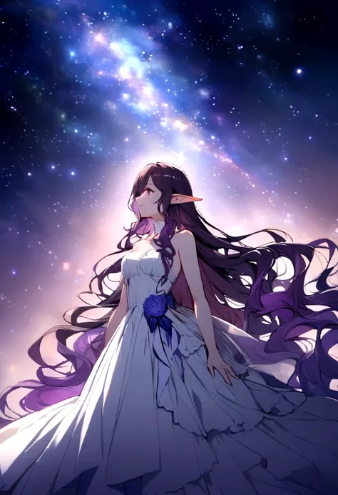 A couple of young girls, One with long wavy brunette hair and elf ears and the other having long ombre purple hair, looking up at the entire galactic starry sky Magnificent, Twinkling starlight， Boundless， Fantastic sighteteor shower