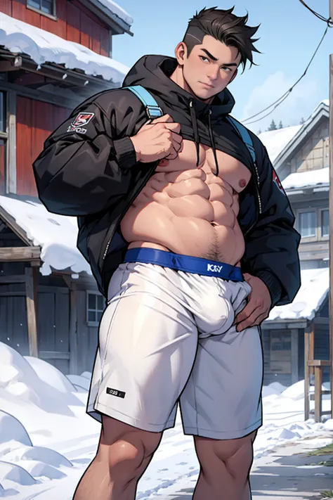 Draw a chubby cute boy，Stand in front of a hut in the snow。Goggles are worn on the forehead，Wear a tight Calvin Klein mens underwear and curved legs.，The clothes are open to reveal the belly，Chubby 18 year old boy，The crotch protrudes，pupils，prominent pubi...