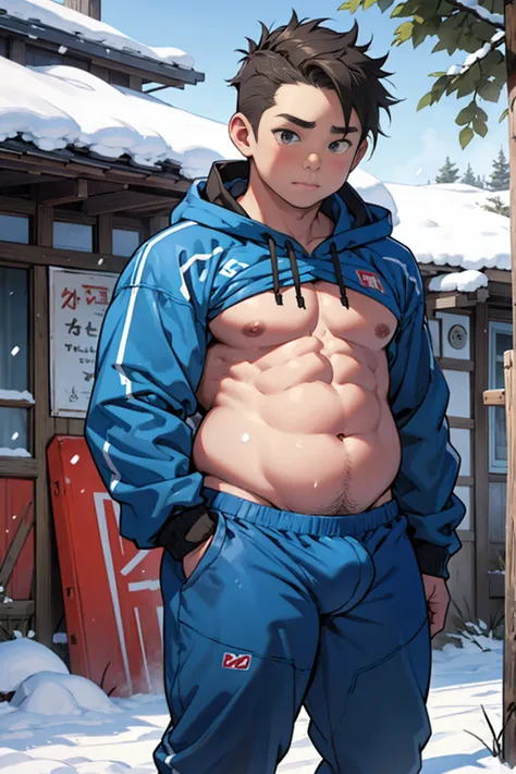 Draw a chubby cute boy，Stand in front of a hut in the snow。Goggles are worn on the forehead，Wear a tight Calvin Klein mens underwear and curved legs.，The clothes are open to reveal the belly，Chubby 18 year old boy，The crotch protrudes，pupils，prominent pubi...