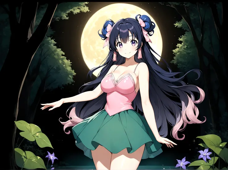 Cool colors，Full Moon，Creek，Purple flower forest，Fairy in white,Beautiful eyes,Detail background,Nice day,,Exquisite facial features,Perfect face,Lovely,Long hair,Flowing hair,Black Hair,Smile,，,sunshine,masterpiece,，Plump, round breasts, smooth and tender...