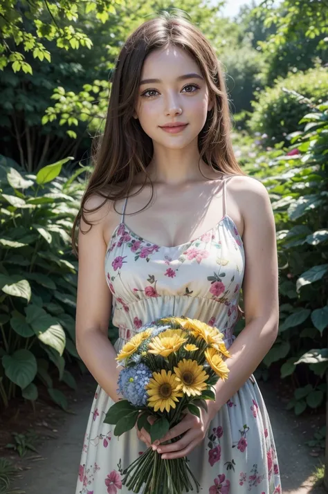 a girl in a garden celebrating summer, beautiful detailed eyes,beautiful detailed lips,extremely detailed eyes and face,longeyelashes,young woman in a colorful floral dress, holding a bouquet of flowers, smiling happily, sun shining through the trees, lush...