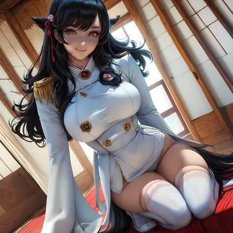 A woman wearing a white female military uniform with gold details, exposed thigh, long maroom stockings, white heels, golden medal, white gloves, big breasts, yellow eyes, very dark black hair, long hair, long neko ears, smiling, walking on a Japanese plat...