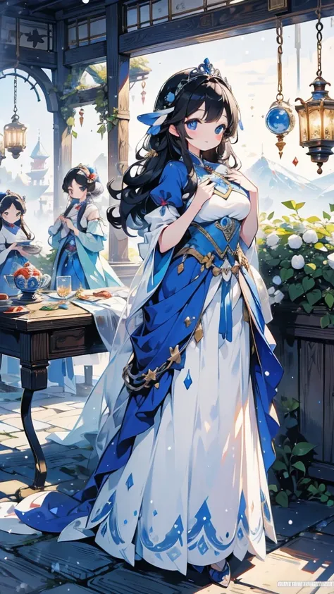 《snow white and the seven dwarfss》，Princess in a gorgeous dress，Princess in a gorgeous dress身边有七个可爱的小矮人，Gorgeous princess girl with some cute dwarfs around her，There are seven cute little boys around the cute girl，Close-up above the waist，《Snow White with ...