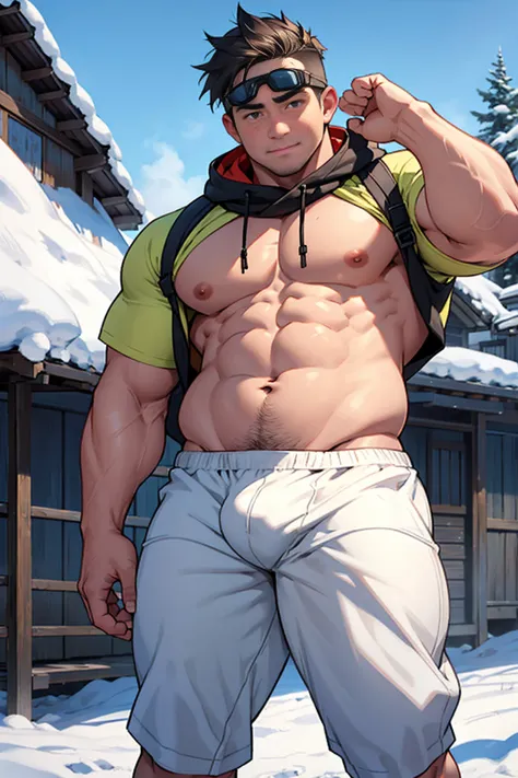 Draw a chubby cute boy，Stand in front of a hut in the snow。Goggles are worn on the forehead，Wear a tight Calvin Klein mens underwear and curved legs.，The clothes are open to reveal the belly，Chubby 18 year old boy，The crotch protrudes，pupils，prominent pubi...