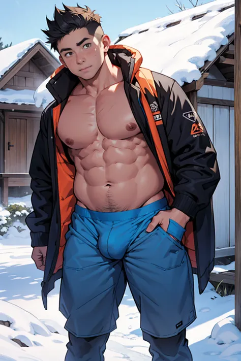 Draw a chubby cute boy，Stand in front of a hut in the snow。Goggles are worn on the forehead，Wear a tight Calvin Klein mens underwear and curved legs.，The clothes are open to reveal the belly，Chubby 18 year old boy，The crotch protrudes，pupils，prominent pubi...