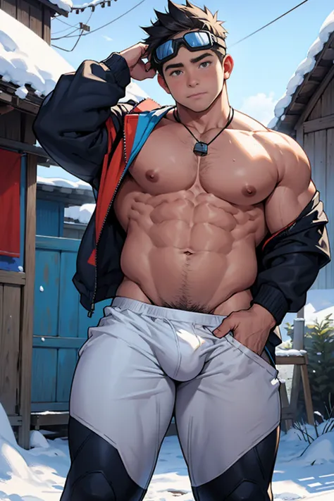 Draw a chubby cute boy，Stand in front of a hut in the snow。Goggles are worn on the forehead，Wear a tight Calvin Klein mens underwear and curved legs.，The clothes are open to reveal the belly，Chubby 18 year old boy，The crotch protrudes，pupils，prominent pubi...