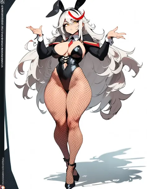 1girl, aegir (azur lane), azur lane  masterpiece, best quality, very aesthetic, absurdres, newest  sportive body,   by nyantcha,,by cutesexyrobutts,by khyle ///// white hair with a single prominent red streak, black horns, yellow eyes,  bunnysuit without b...