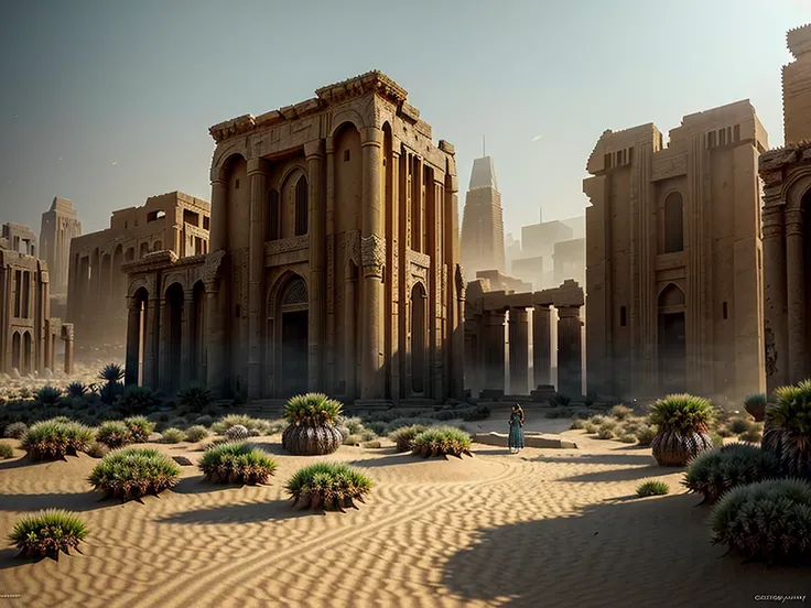 High detail natural landscape, ((an ancient city, destroyed, abandoned in the middle of a desert )) RAW color art, animation,((cartoon style)), ((blade runner)), (((small town taken by the desert)))

(detailed texture), intricately detailed, fine details, ...