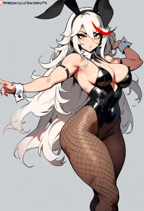 1girl, aegir (azur lane), azur lane  masterpiece, best quality, very aesthetic, absurdres, newest  sportive body,   by nyantcha,,by cutesexyrobutts,by khyle ///// white hair with a single prominent red streak, black horns, yellow eyes,  bunnysuit without b...