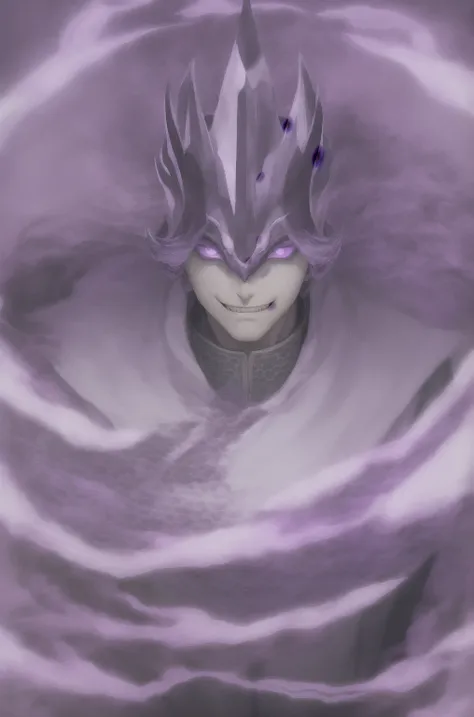 1boy, purple eyes, purple hair, white dragon mask, black outfit with a white coat, wizard style, evil smile