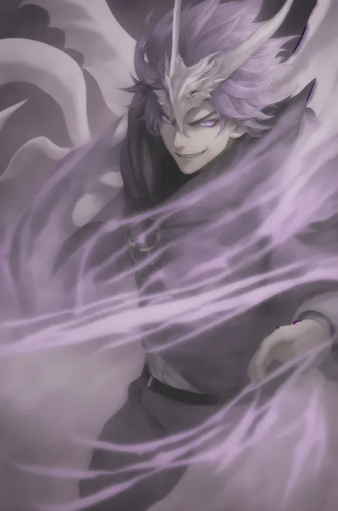 1boy, purple eyes, purple hair, white dragon mask, black outfit with a white coat, wizard style, evil smile