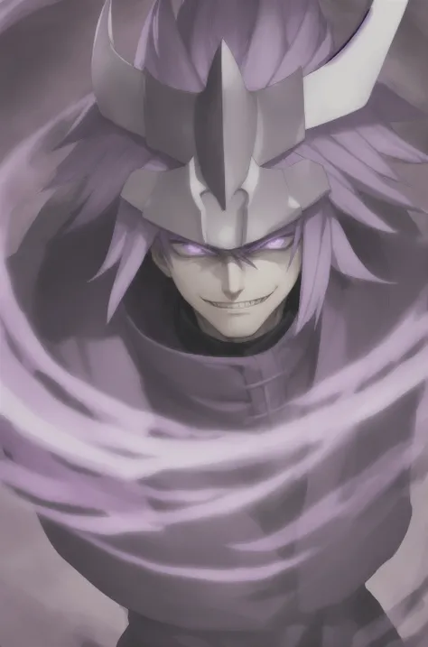 1boy, purple eyes, purple hair, white dragon mask, black outfit with a white coat, wizard style, evil smile