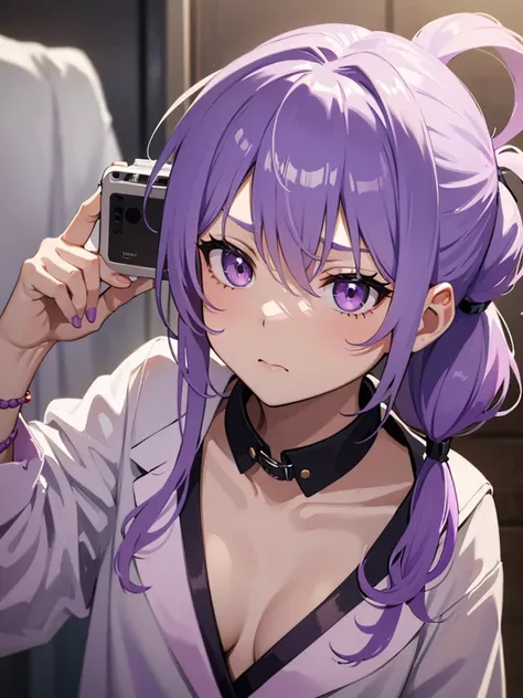 The loli had her hair tied up, light purple, and was making an irritated face and was naked and prostituting herself to another man, and the man was recording a video on social media.