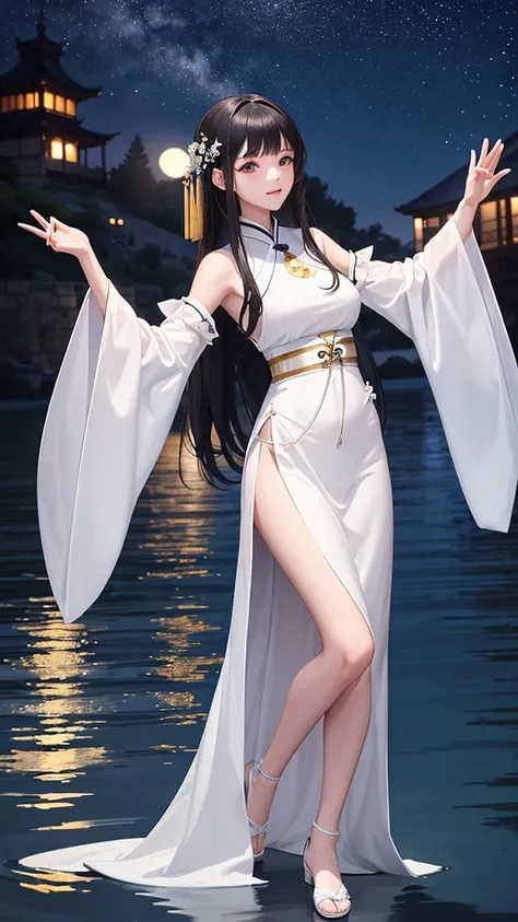 night，Moonlight reflects on the lake，There is a girl wearing a white Hanfu without any accessories by the lake.，The girl looks a little ，black hair，Waist length hair，Dance，antiquity，Only a thin piece of clothing，The sleeves are very long，The skirt is very ...