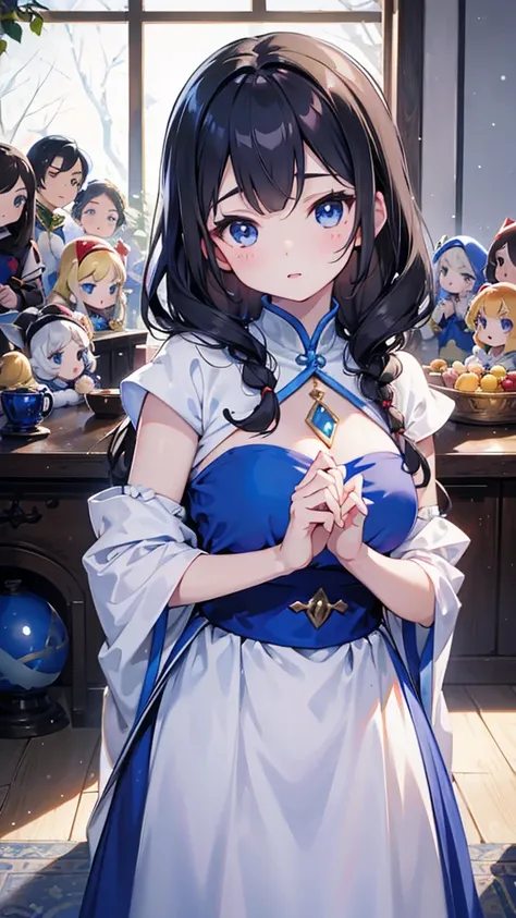 《snow white and the seven dwarfss》，Princess in a gorgeous dress，Princess in a gorgeous dress身边有七个可爱的小矮人，Gorgeous princess girl with some cute dwarfs around her，There are seven cute little boys around the cute girl，Close-up above the waist，《Snow White with ...