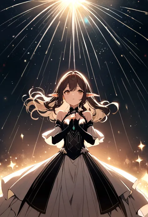 A young girl with long wavy brunette hair and elf ears , looking up at the entire galactic starry sky Magnificent, Twinkling starlight， Boundless， Fantastic sighteteor shower