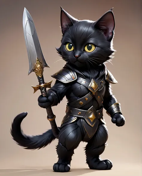 Kitten Warrior　2　high detail　Full Body Shot　Looking this way　Black cat