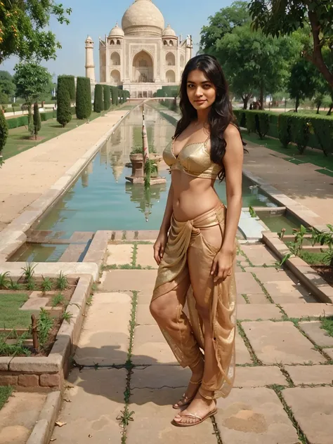 indian princess in her 30s wearing a sari, my breasts are f cup, very pretty, stand in front of the taj mahal, wearing a gold br...