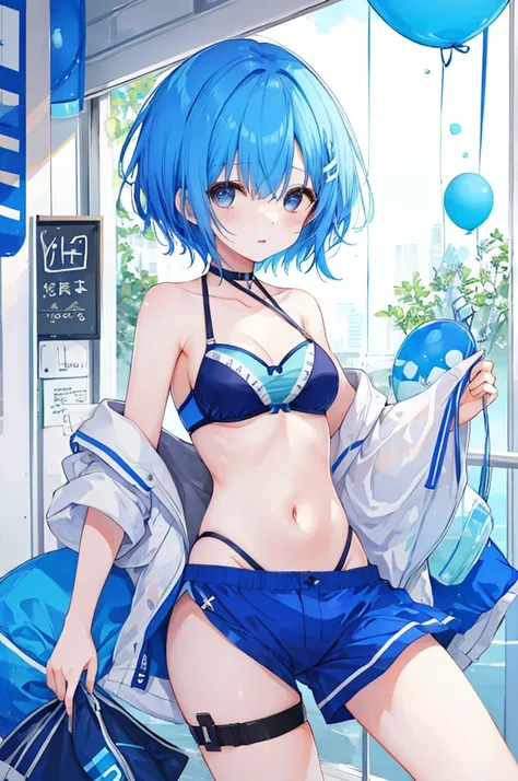 Girl、Blue hair short、bikini、sexy