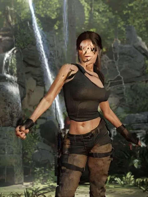 black hair, big cleavage and Sweaty body lara croft