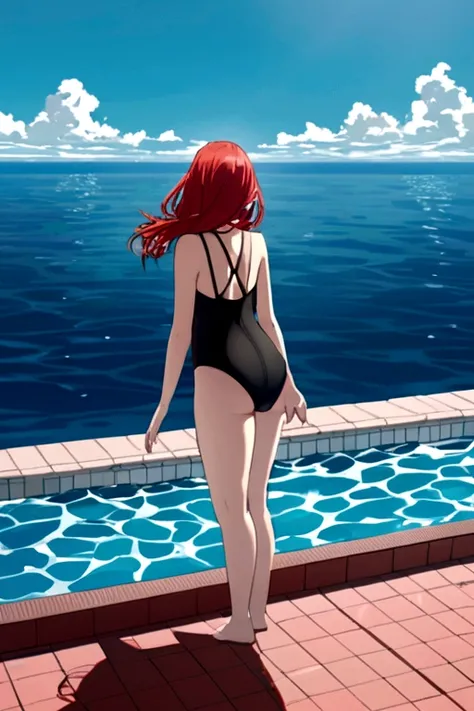 Girl with lipedema diving in a pool overlooking the ocean, with black swimsuit and red hair