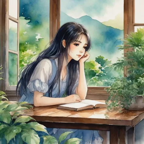 anime, watercolor style ,In the serene environment of a room, a young girl with long, dark hair is immersed in a world of her own. She is sitting at a wooden table, hands resting gently on her face, lost in thought. The room is adorned with a window that o...