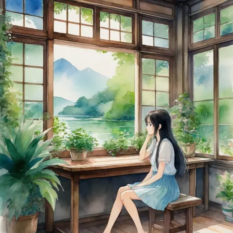 anime, watercolor style ,In the serene environment of a room, a young girl with long, dark hair is immersed in a world of her own. She is sitting at a wooden table, hands resting gently on her face, lost in thought. The room is adorned with a window that o...