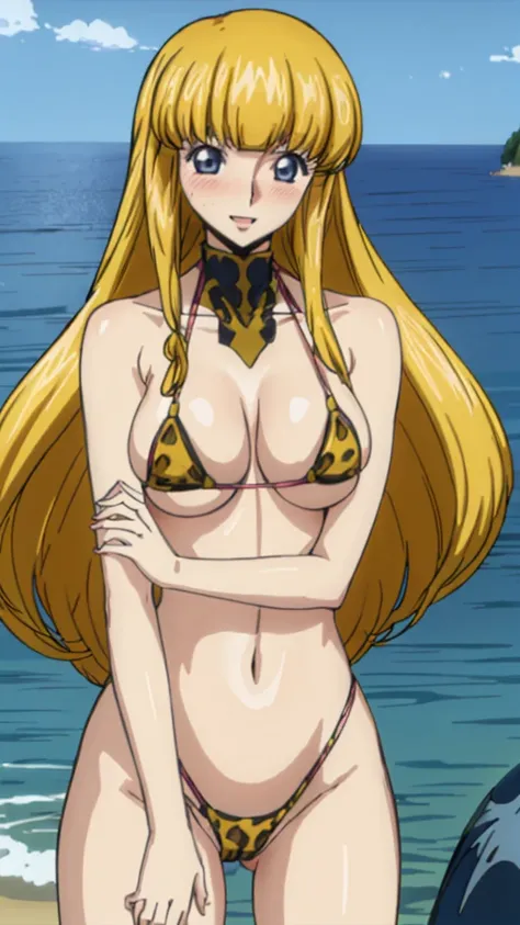 (masterpiece, 4K, Highest quality, anime style: 1.9, Detailed face, Lovely, Ocean,bold, High resolution, anime, Lake 4. alone, Curvaceous, Thighs, Cleavage, Center of chest, smile, Please open your mouth wide, Very slim belly, Cowboy Shot, Leopard print mi...