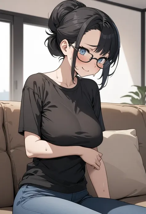 Adult female, highly detailed, glasses, short black hair wolf cut style tied back, blue eyes, smile, living room,  black shirt, jeans, perfect eyes, high quality, best quality, sitting on couch, nervous, sweat