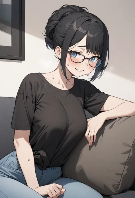 Adult female, highly detailed, glasses, short black hair wolf cut style tied back, blue eyes, smile, living room,  black shirt, jeans, perfect eyes, high quality, best quality, sitting on couch, nervous, sweat