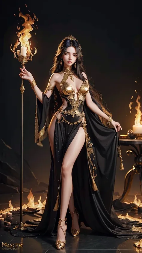 1girl,beautiful girl in fantasy outfit,detailed body,detailed eyes,detailed black long hair,lighting on the face,detailed lips,masterpeice:1.4,full body image,elegant pose,fire background,detailed body texture,gold skin tone