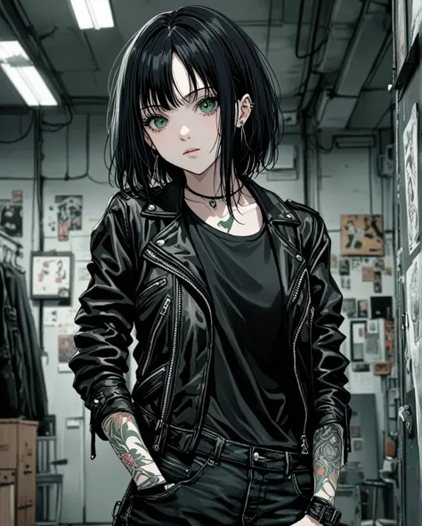 1girl, solo, one Female Tattoo artist named Eva, with pale skin color, Messy haircut, Jet black hair, Piercing green eyes, a Black leather jacket, and ripped black skinny jeans,  Kentaro Miura Style, masterpiece, best quality, very aesthetic, absurdres, 