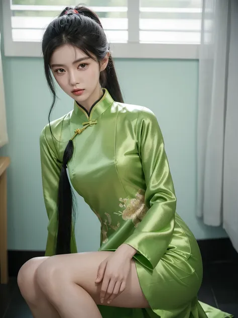 korean model , slim body , 167cm ，Movie Angle，long black ponytails hairstyle, （Cute girl,anatomy correct, traditional full garment Pastel Spring Green silky chinese qipao ，（ art，geomerty），（plethora of colorest quality，high detail，tmasterpiece，Cinematic lig...