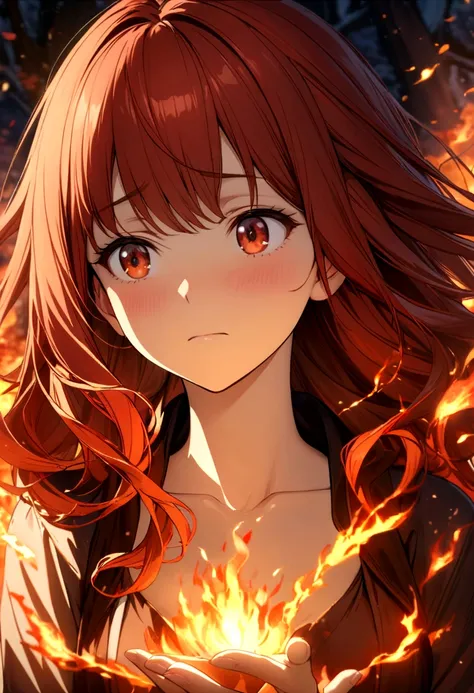 Portrait of a shy red-haired girl, portrait of a girl with fire hair, slim, fragile, thin arms, her long hair is made of fire, orange, red, fire effects, in the background is an enchanting snowy landscape, divine, 1girl, fire magic, flames, anxious, best q...