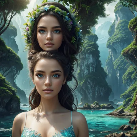 a mystical archipelago, lush dense forests, towering mountains, charming interconnected islands, enchanted underwater paths and bridges, sweeping coastlines, magic-saturated air, crystal clear waters, ethereal forces, magical landscapes, 1girl, beautiful d...