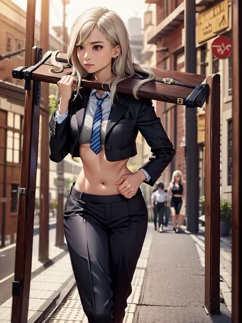 Women in Professional crop top, suit, pants, walking to work, show belly, realistic bellybutton shape, necktie, (((pillory)))