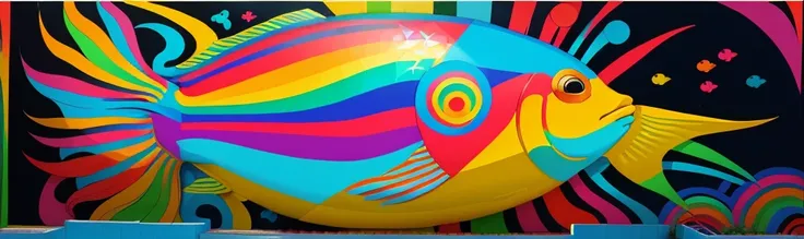 brightly colored mural of a fish with a rainbow in the background, colorful mural on walls, public works mural, inspired by Peter Max, whimsical and psychedelic, inspired by Mary Blair, colorful picture, inspired by Okuda Gensō, colourful artwork, inspired...