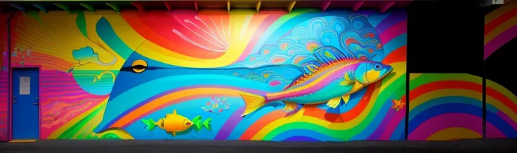 brightly colored mural of a fish with a rainbow in the background, colorful mural on walls, public works mural, inspired by Peter Max, whimsical and psychedelic, inspired by Mary Blair, colorful picture, inspired by Okuda Gensō, colourful artwork, inspired...