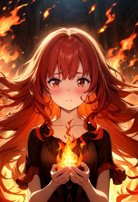 Portrait of a shy red-haired girl, portrait of a girl with fire hair, slim, fragile, thin arms, her long hair is made of fire, orange, red, fire effects, in the background is an enchanting snowy landscape, divine, 1girl, fire magic, flames, anxious, best q...