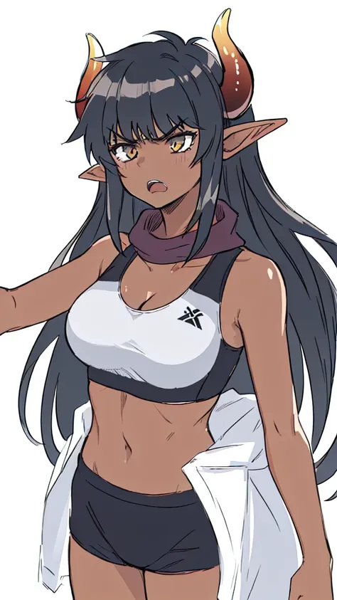 ((1girl,solo,mature female,25 years old,adult)),medium breasts,long hair, black hair,angry expression,horns,elf ears,black scarf...