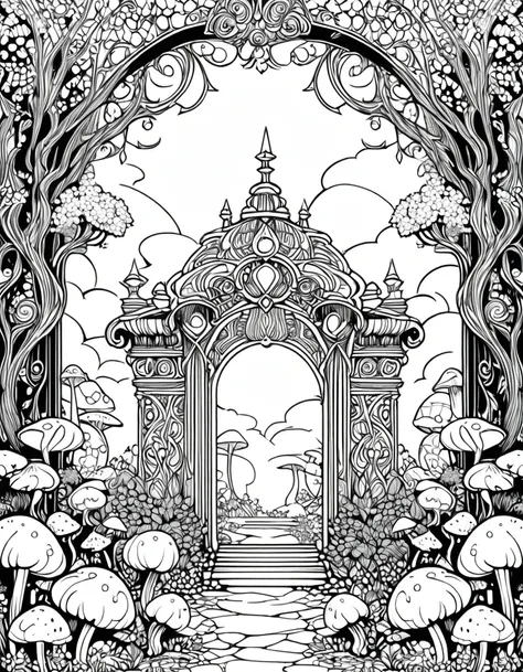 Intricate line art of a magical forest entrance, ornate gateway, glowing mushrooms, black and white illustration, coloring book style, white background, detailed pen drawing, high contrast, clean lines, suitable for coloring, vector-like, easy to color