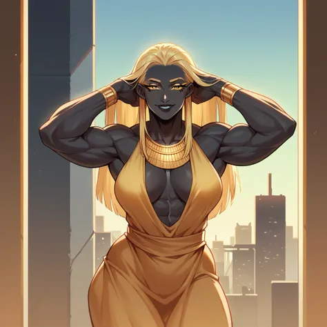  black buff strong woman character, muscle arms, muscle body, buff body, tall woman, black skin, full black skin, strong arms, long fringe hair, blonde hair, blonde fringe hair, fringe hair, dragon scales in body, black lips, egypt hair, milf, yellow light...