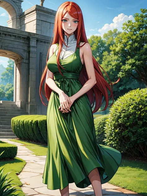 uzumaki_kushina, large_breasts, standing, solo, kushina_green_dress, masterpiece, best quality, detailed face, detailed eyes, highres, smile, (masterpiece:1.4, best quality:1.2), (Highres), (Detailed Illustration), Ultra-Detailed, konohagakure, uzumaki_kus...