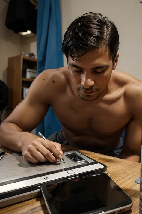 A man is repairing a cellphone with a laptop