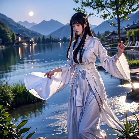 night，Moonlight reflects on the lake，There is a girl in a simple white Hanfu by the lake，，black hair，Waist length hair，Dance，antiquity，The sleeves are very long，The skirt is very long，The background is Chang&#39;an City，There are Tang Dynasty buildings in ...