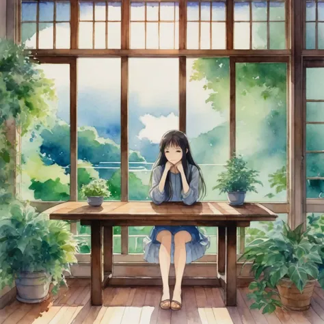 anime, watercolor style ,In the serene environment of a room, a young girl with long, dark hair is immersed in a world of her own. She is sitting at a wooden table, hands resting gently on her face, lost in thought. The room is adorned with a window that o...