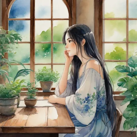 anime, watercolor style ,In the serene environment of a room, a young girl with long, dark hair is immersed in a world of her own. She is sitting at a wooden table, hands resting gently on her face, lost in thought. The room is adorned with a window that o...