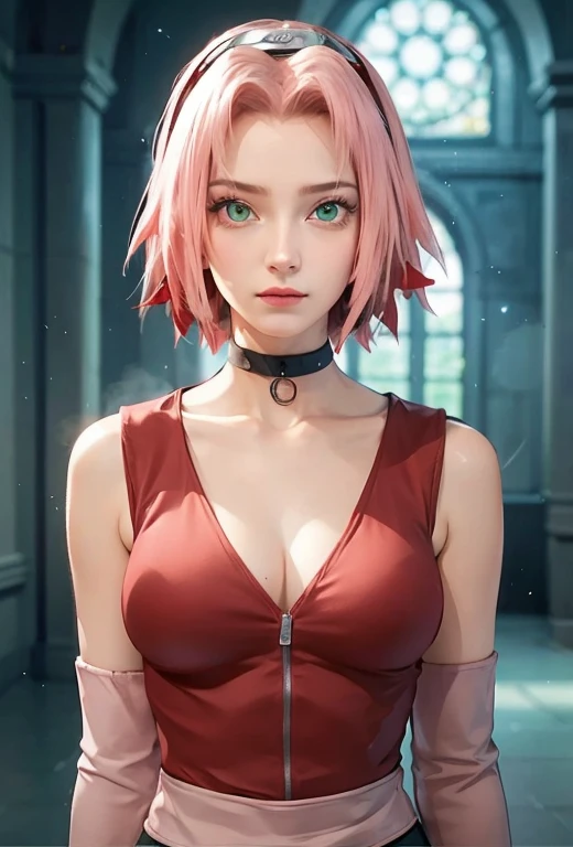 young woman, short shoulder-length pink hair, wide forehead, porcelain skin, pink eyebrows, big emerald green eyes, buttoned nose, full lips, heart-shaped face, slender body, small breasts, red tank top, Sakura Haruno , realistic, realism, details, 3d, wel...